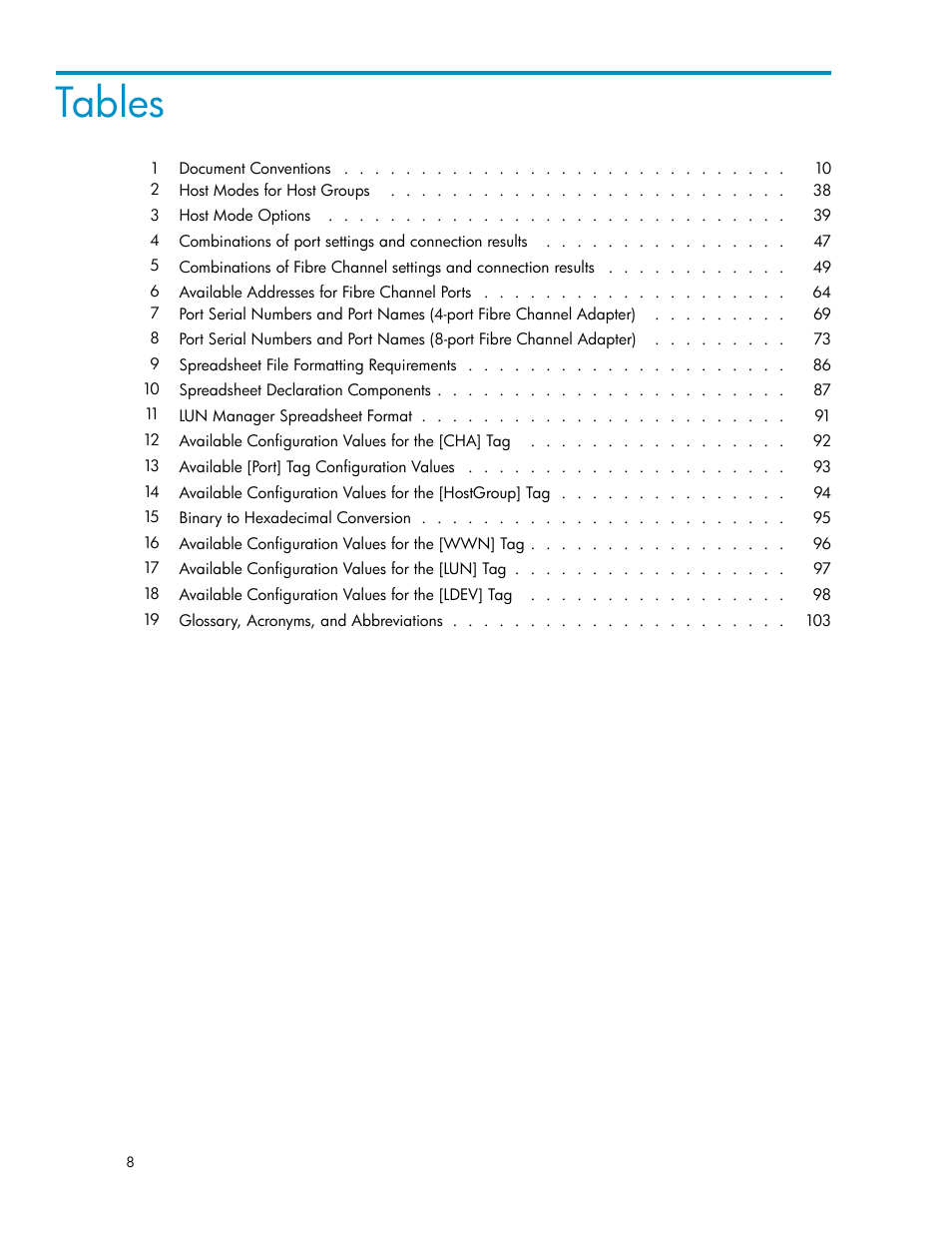 Tables | HP XP Array Manager Software User Manual | Page 8 / 105