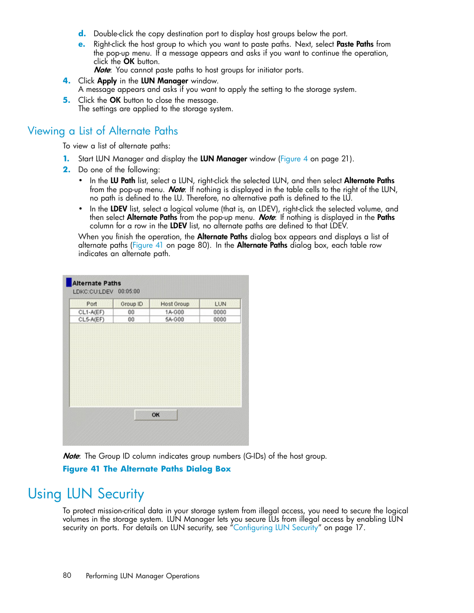 Using lun security, Viewing a list of alternate paths, 41 the alternate paths dialog box | HP XP Array Manager Software User Manual | Page 80 / 105