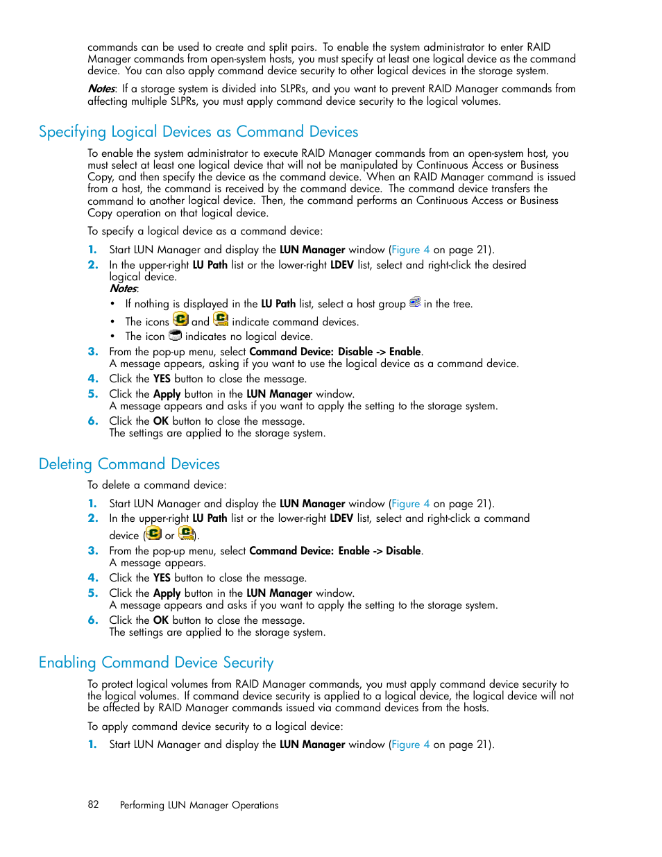 Specifying logical devices as command devices, Deleting command devices, Enabling command device security | HP XP Array Manager Software User Manual | Page 82 / 105
