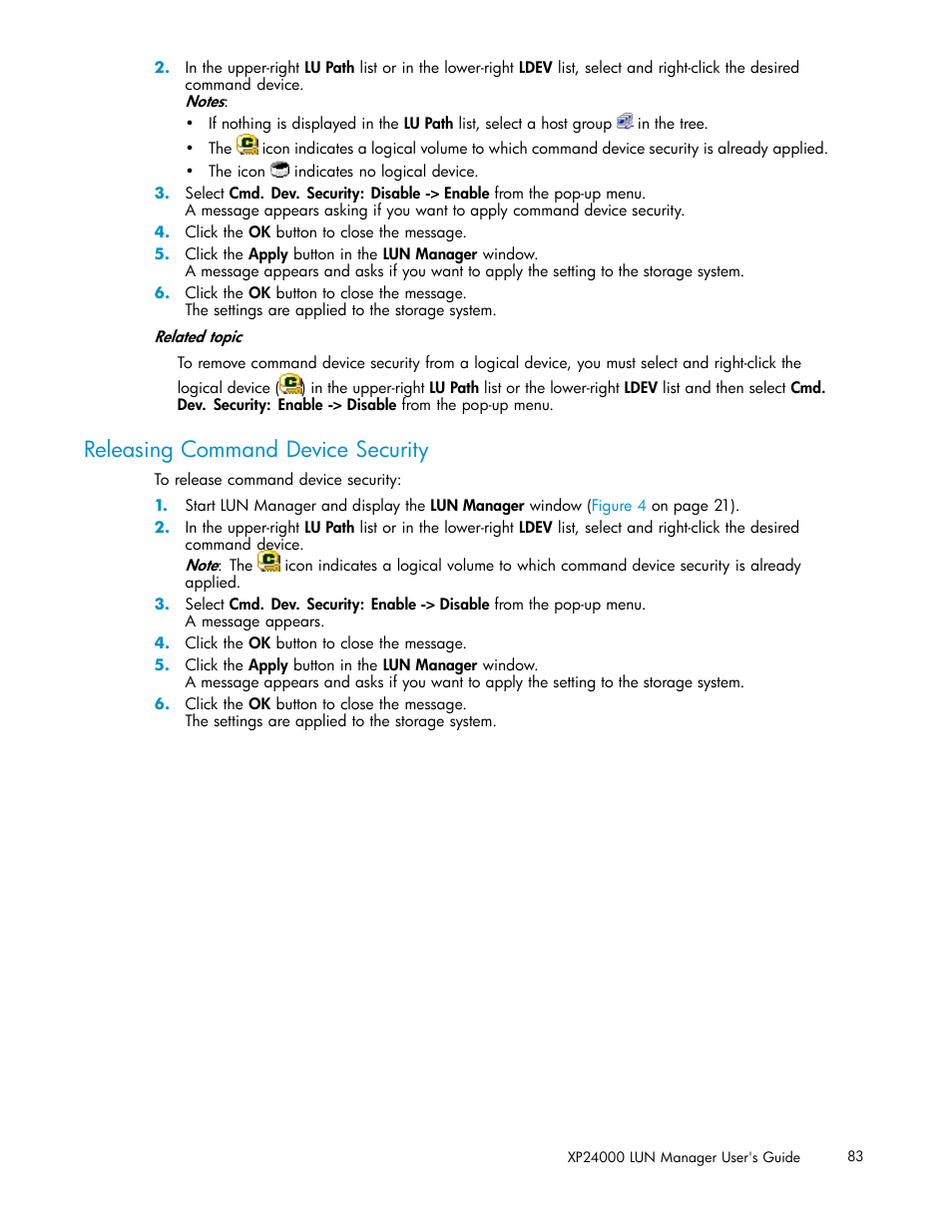 Releasing command device security | HP XP Array Manager Software User Manual | Page 83 / 105