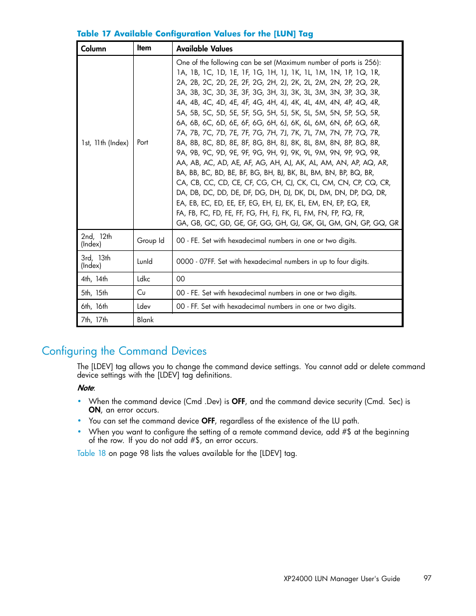 Conﬁguring the command devices, Available conﬁguration values for the [lun] tag | HP XP Array Manager Software User Manual | Page 97 / 105