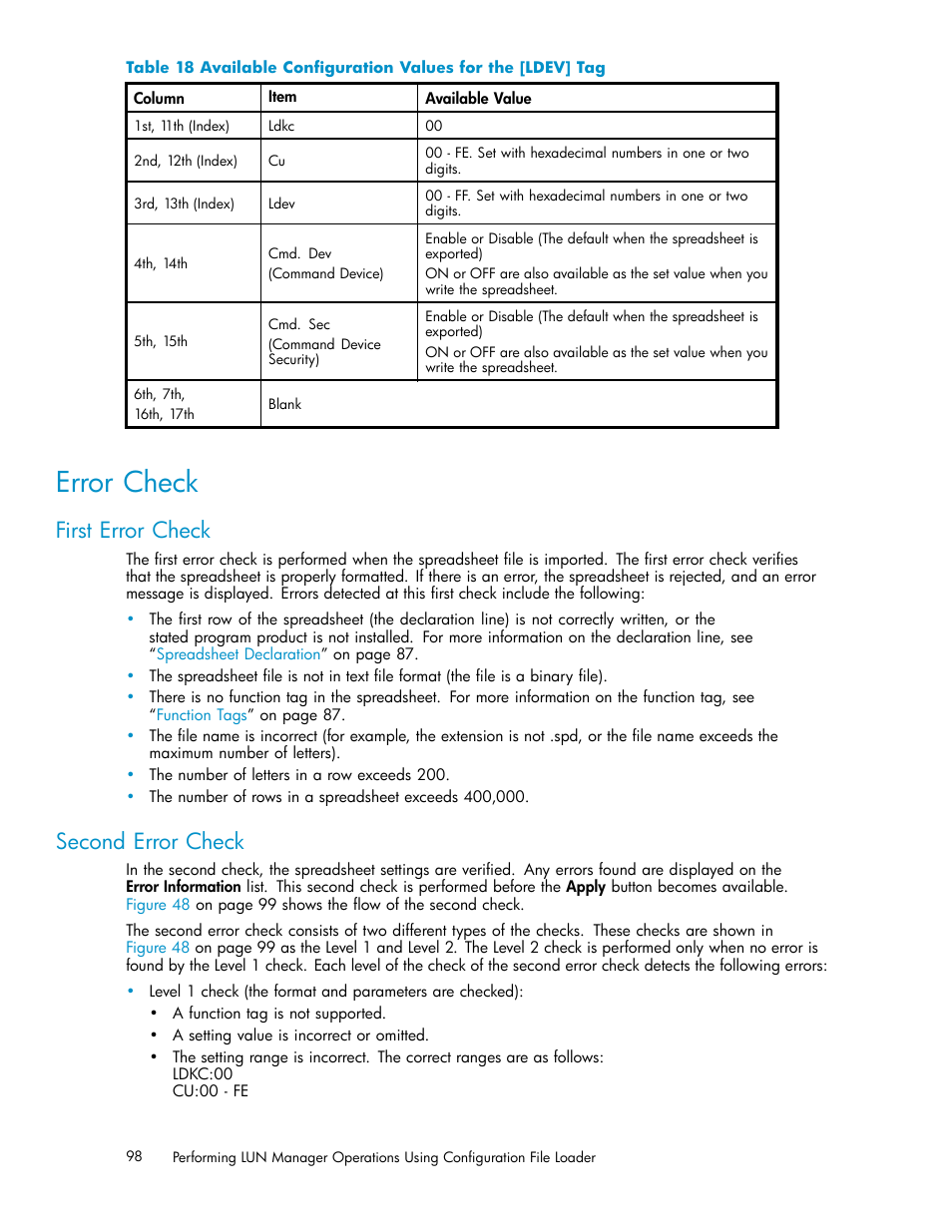 Error check, First error check, Second error check | Available conﬁguration values for the [ldev] tag | HP XP Array Manager Software User Manual | Page 98 / 105