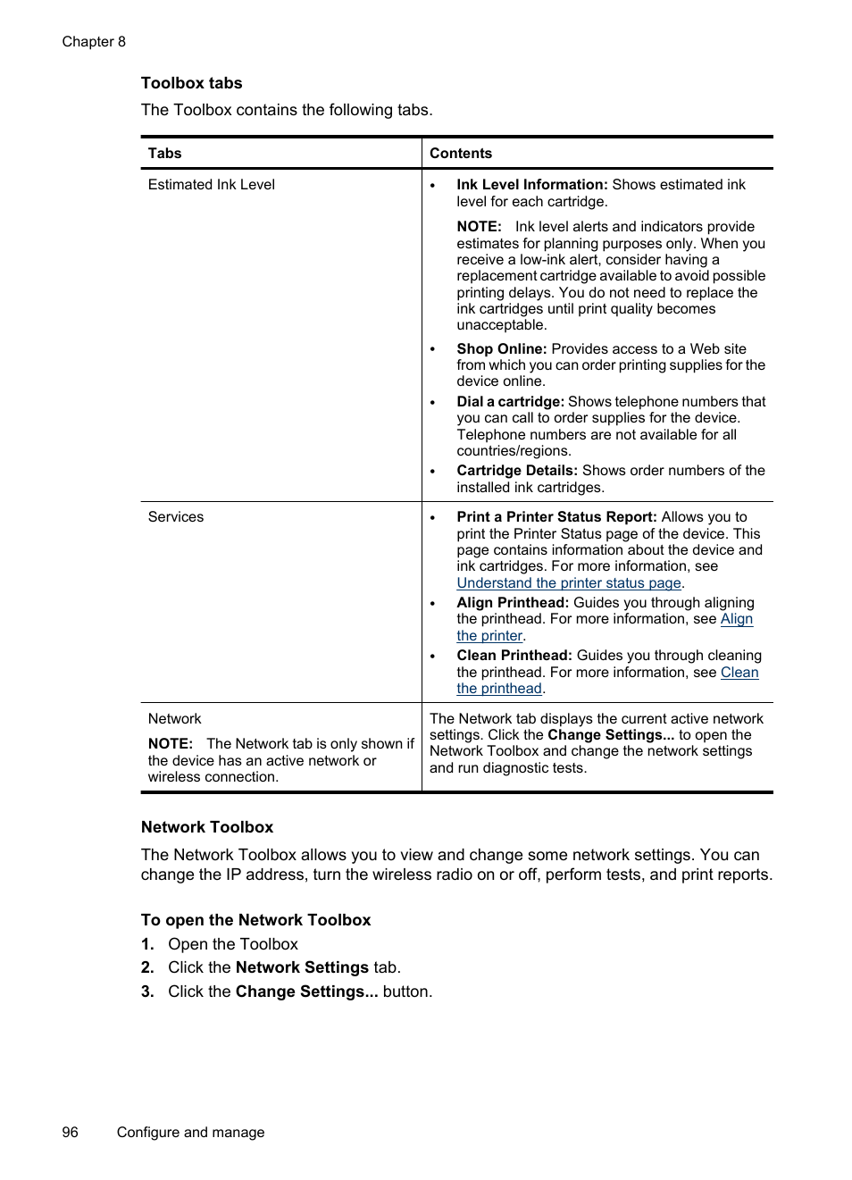 Toolbox tabs, Network toolbox | HP Officejet 6500 User Manual | Page 100 / 294