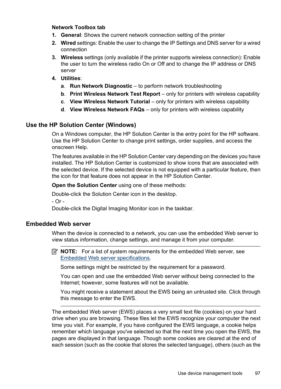 Use the hp solution center (windows), Embedded web server, Use the hp solution | Center (windows), Use the hp solution center, Windows) | HP Officejet 6500 User Manual | Page 101 / 294