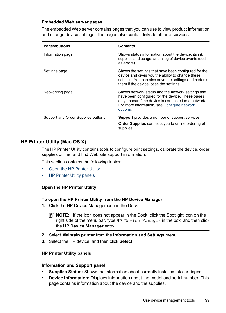 Hp printer utility (mac os x), Open the hp printer utility, Hp printer utility panels | Printer utility (mac os x) | HP Officejet 6500 User Manual | Page 103 / 294