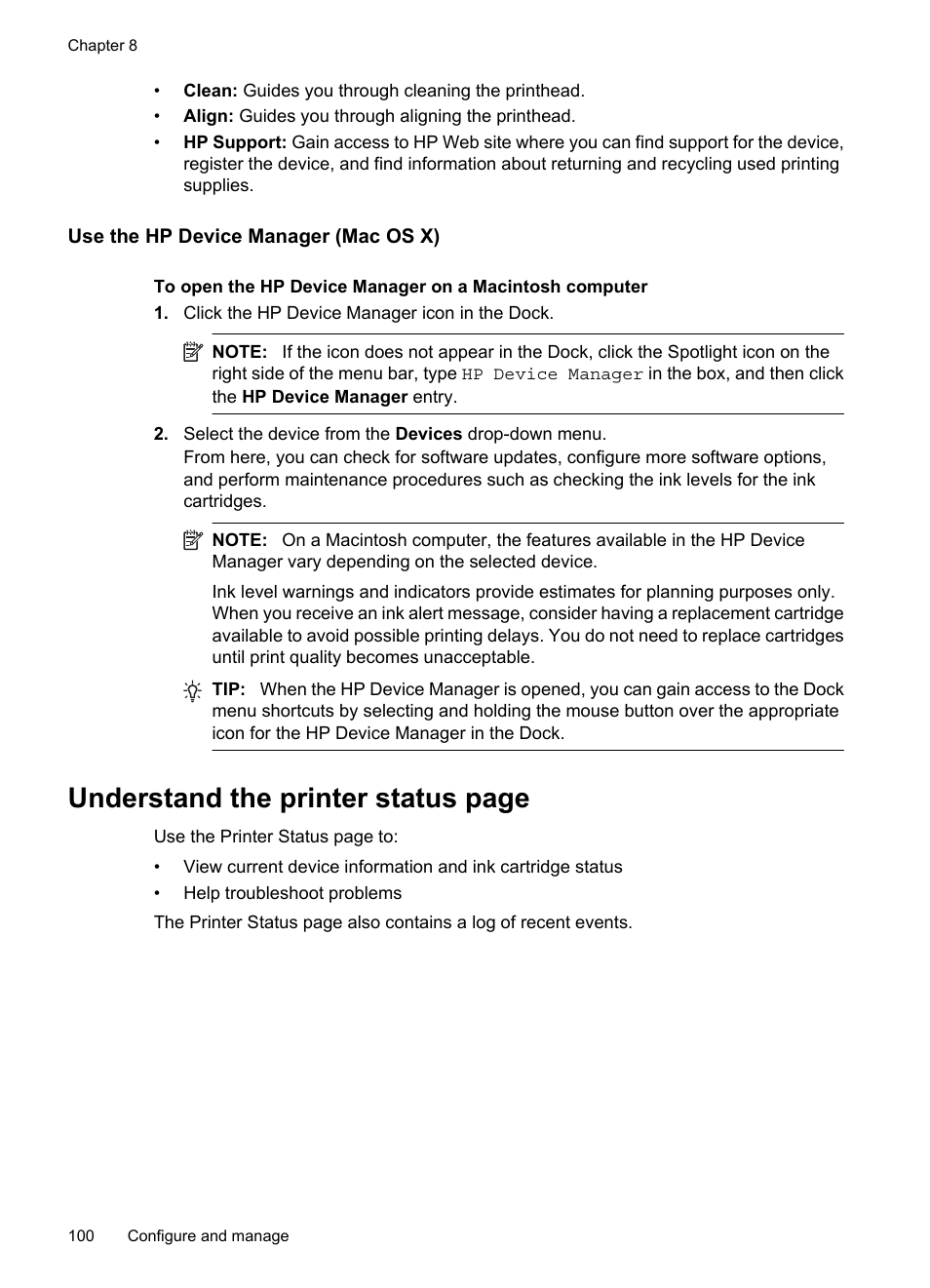 Use the hp device manager (mac os x), Understand the printer status page | HP Officejet 6500 User Manual | Page 104 / 294