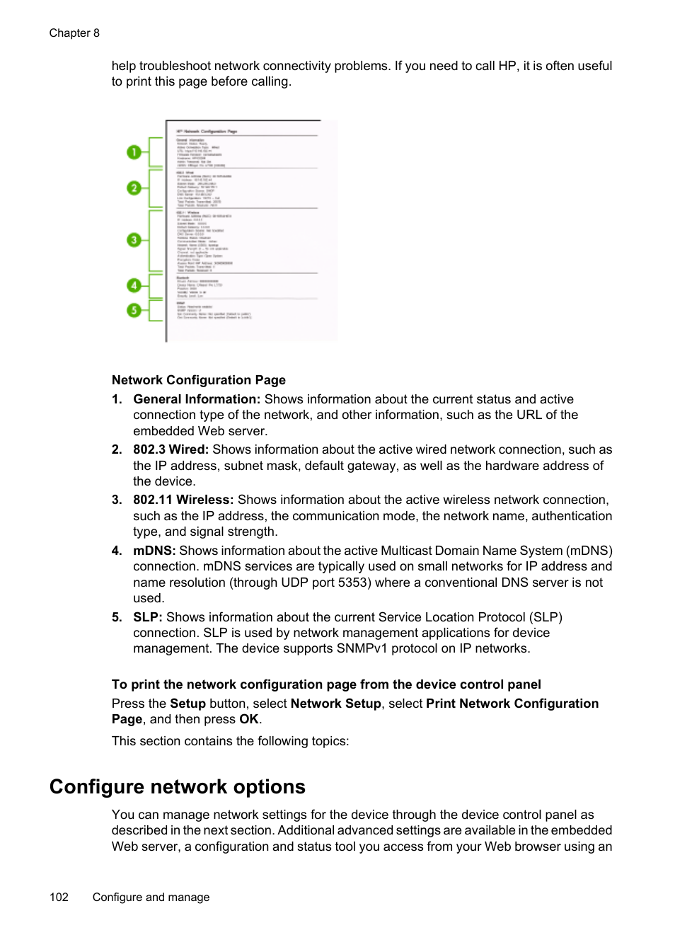 Configure network options, Change basic network settings, Change advanced network settings | Configure, Network options, Configure network, Options | HP Officejet 6500 User Manual | Page 106 / 294