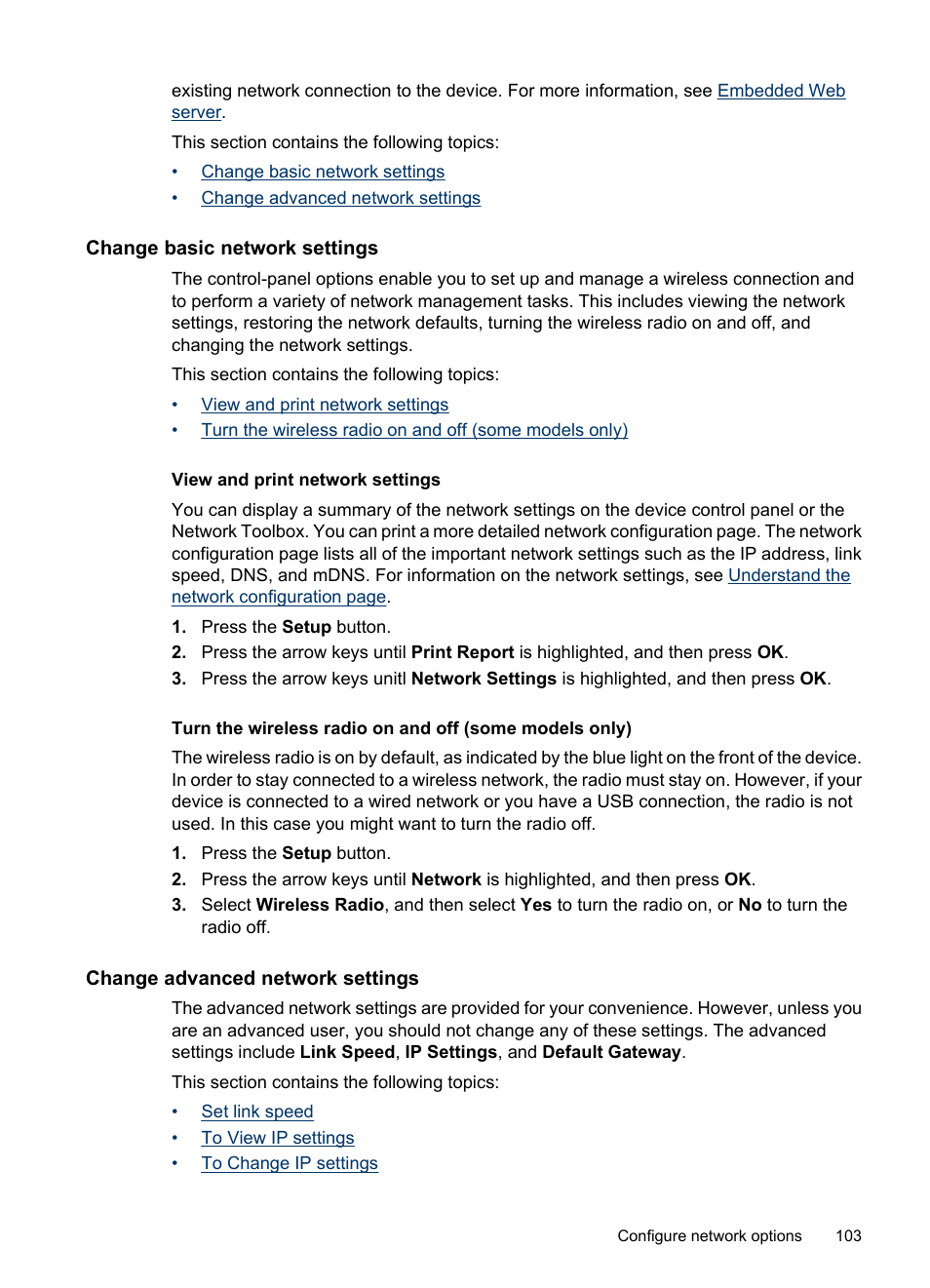 Change basic network settings, View and print network settings, Change advanced network settings | HP Officejet 6500 User Manual | Page 107 / 294