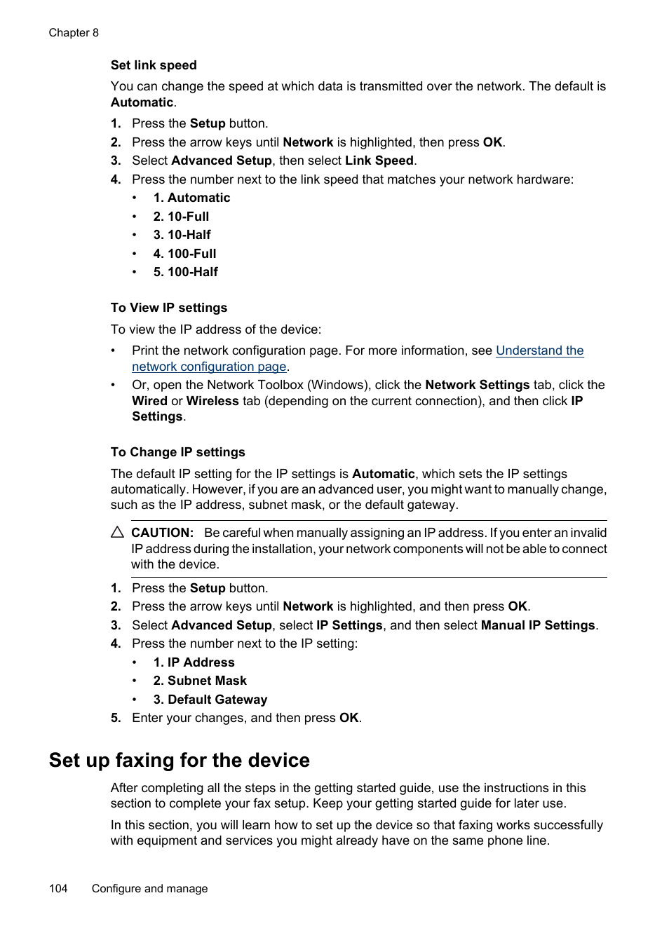 Set link speed, To view ip settings, To change ip settings | Set up faxing for the device, Set up faxing (parallel phone systems), Serial-type fax setup | HP Officejet 6500 User Manual | Page 108 / 294