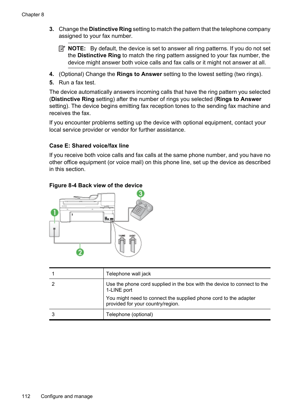 Case e: shared voice/fax line | HP Officejet 6500 User Manual | Page 116 / 294