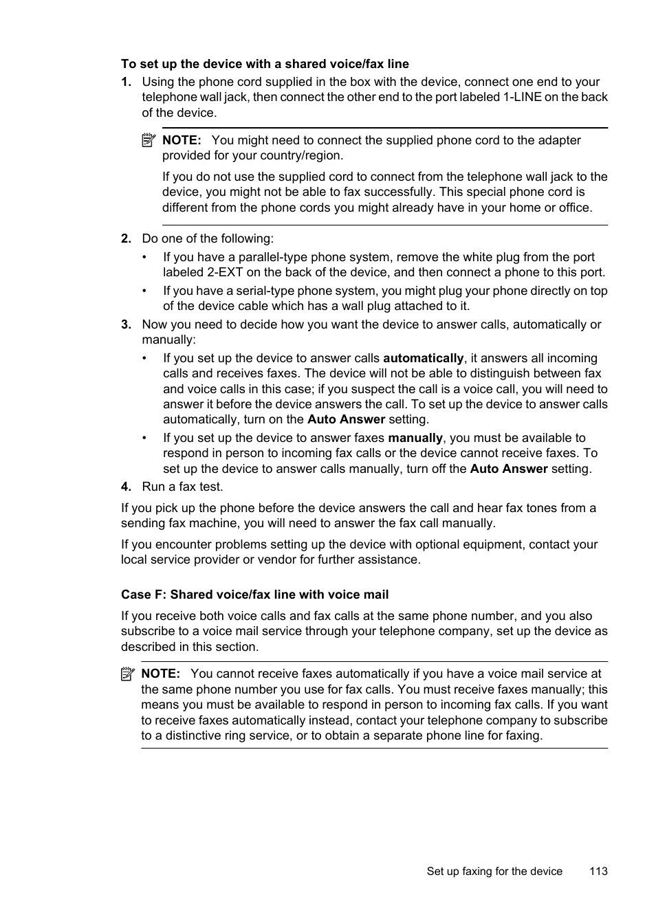 Case f: shared voice/fax line with voice mail | HP Officejet 6500 User Manual | Page 117 / 294