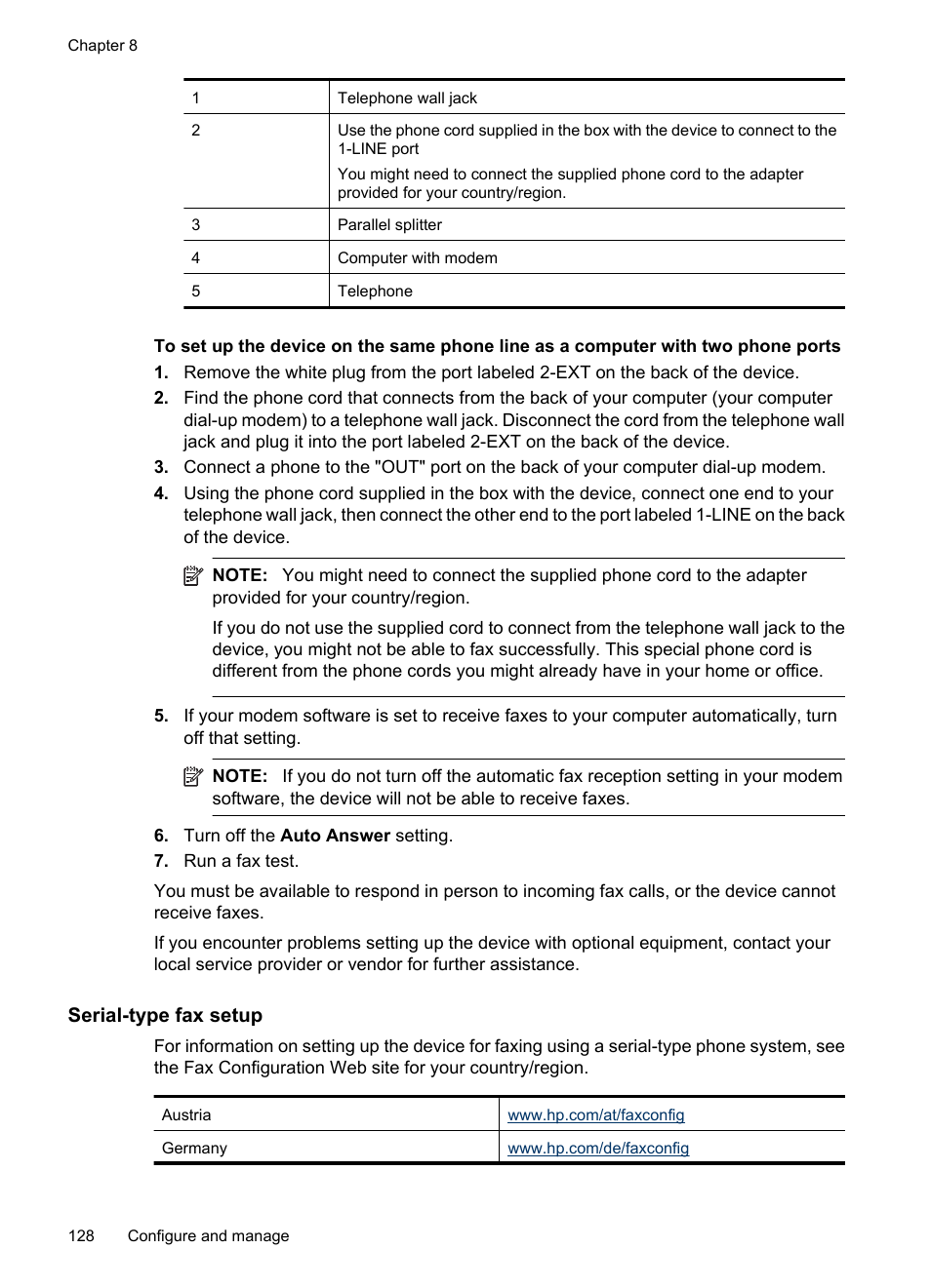 Serial-type fax setup | HP Officejet 6500 User Manual | Page 132 / 294