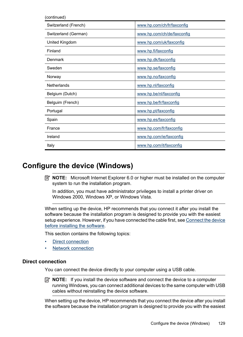 Configure the device (windows), Direct connection, Network connection | HP Officejet 6500 User Manual | Page 133 / 294