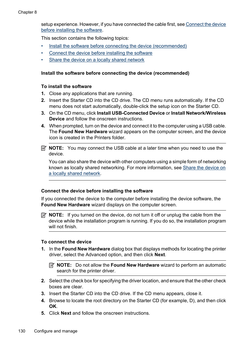 Connect the device before installing the software, Connect the device, Before installing the software | HP Officejet 6500 User Manual | Page 134 / 294