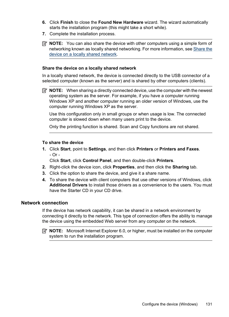 Share the device on a locally shared network, Network connection, Share the device on | A locally shared network | HP Officejet 6500 User Manual | Page 135 / 294