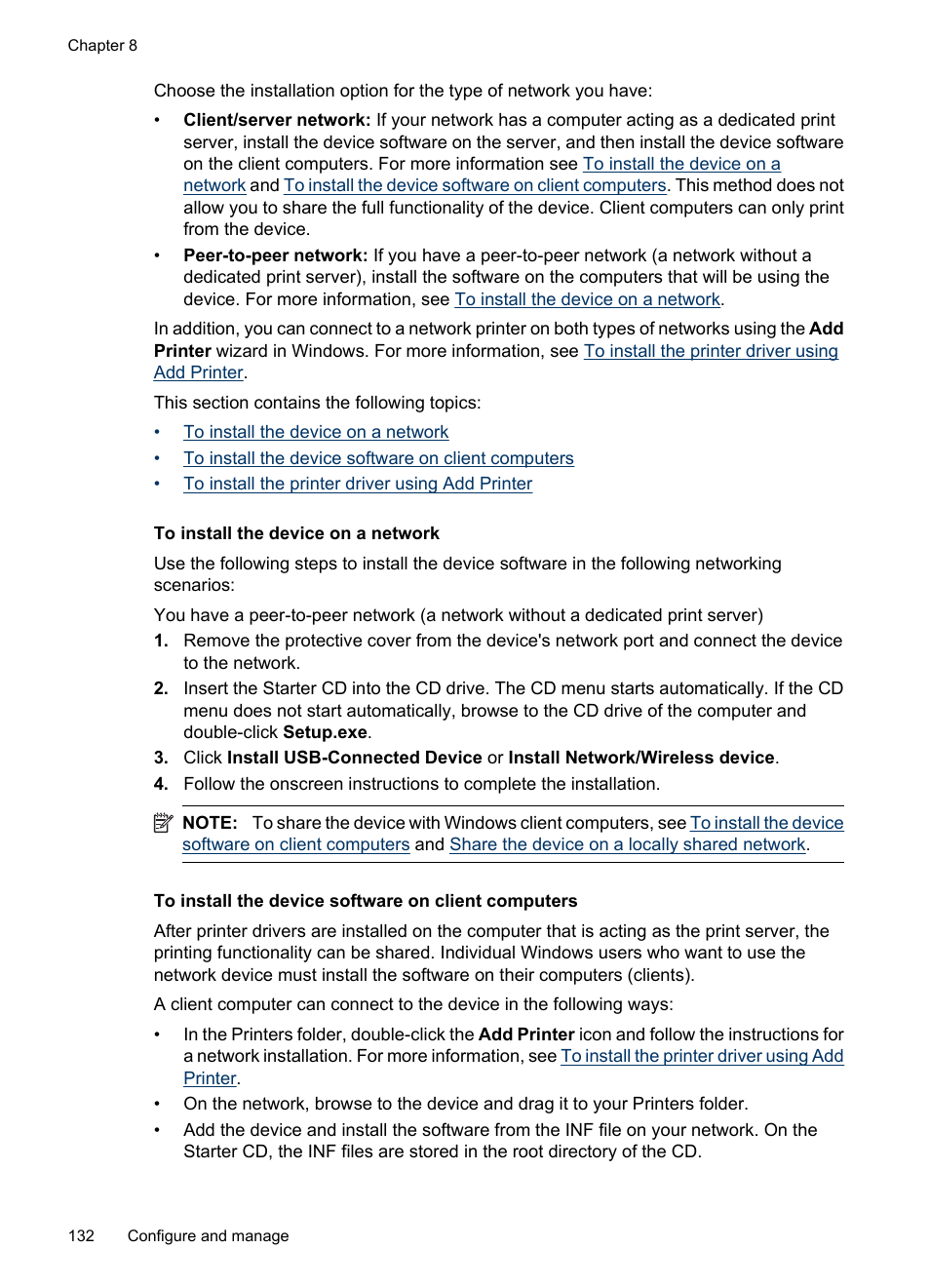 To install the device on a network, To install the device software on client computers | HP Officejet 6500 User Manual | Page 136 / 294