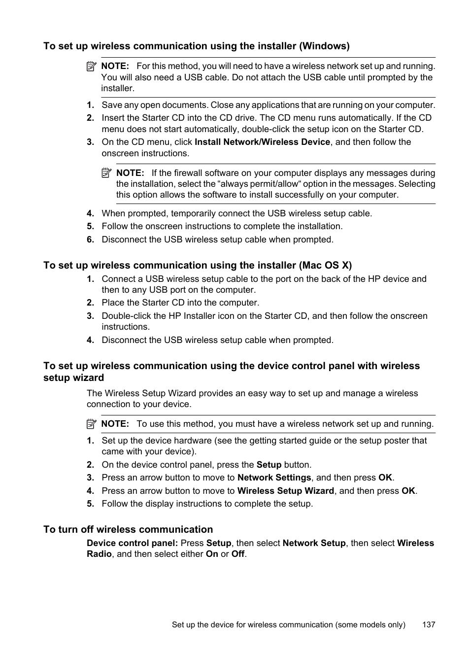 To turn off wireless communication, To set up wireless, Communication using the installer (mac os x) | HP Officejet 6500 User Manual | Page 141 / 294