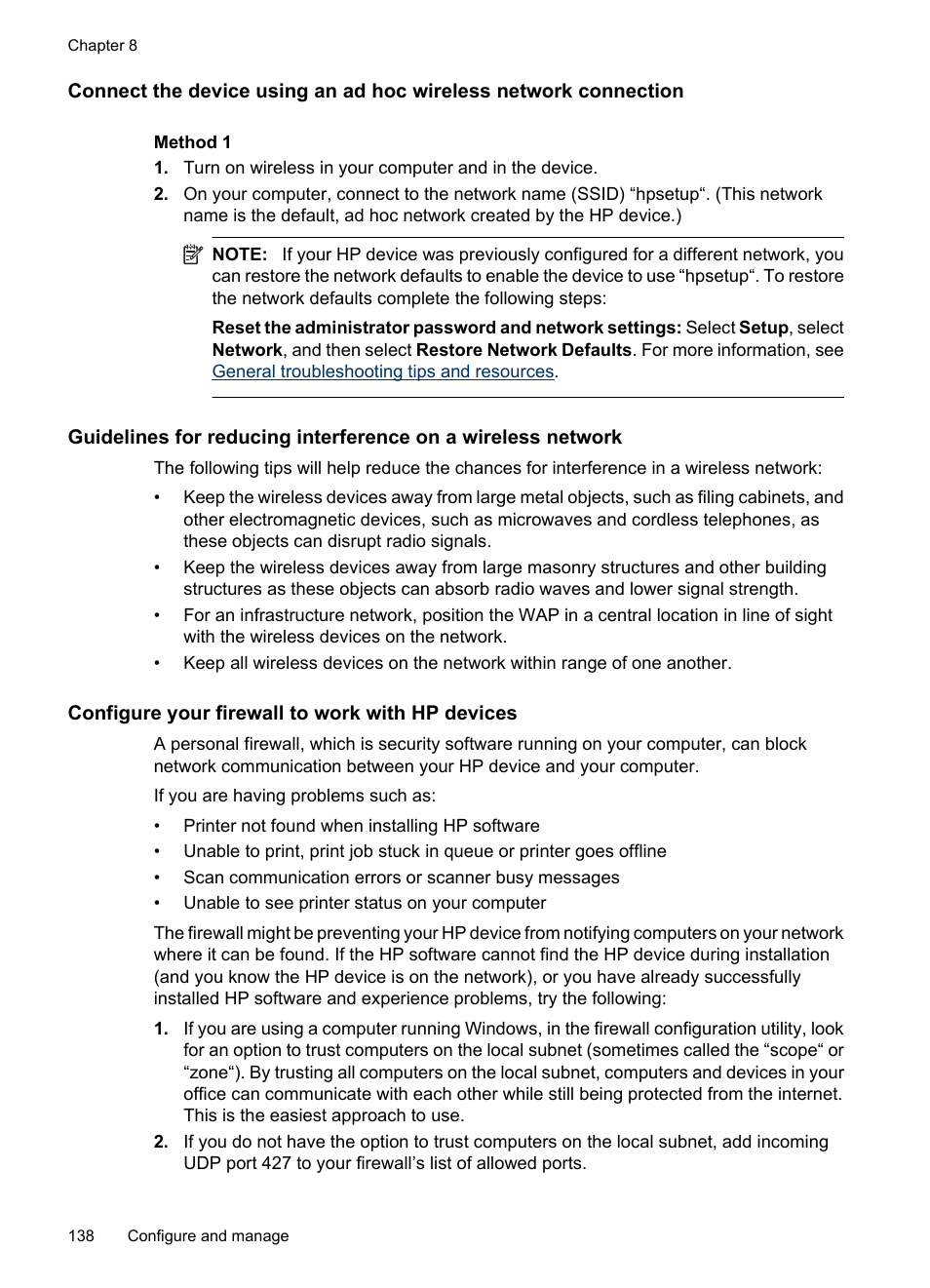 Configure your firewall to work with hp devices | HP Officejet 6500 User Manual | Page 142 / 294