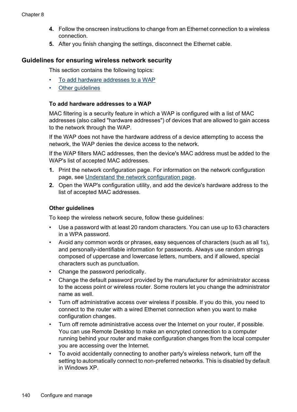 Guidelines for ensuring wireless network security, To add hardware addresses to a wap, Other guidelines | HP Officejet 6500 User Manual | Page 144 / 294