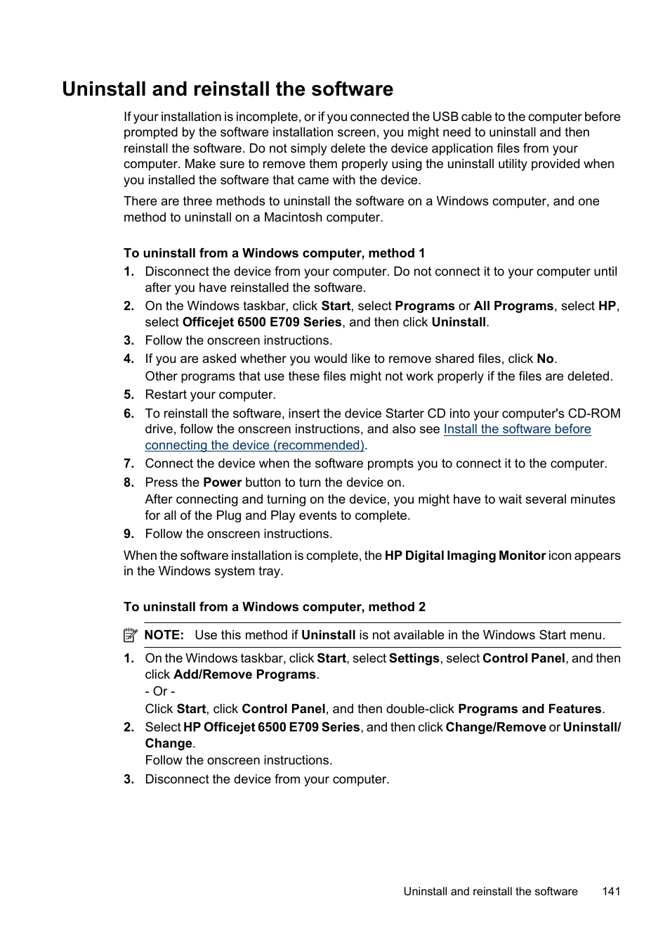 Uninstall and reinstall the software | HP Officejet 6500 User Manual | Page 145 / 294