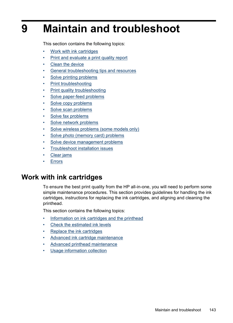 Maintain and troubleshoot, Work with ink cartridges, 9 maintain and troubleshoot | Advanced printhead maintenance, Clean the printhead align the printer, Usage information collection, 9maintain and troubleshoot | HP Officejet 6500 User Manual | Page 147 / 294