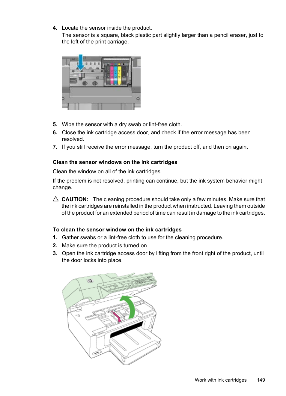 Clean the sensor windows on the ink cartridges | HP Officejet 6500 User Manual | Page 153 / 294