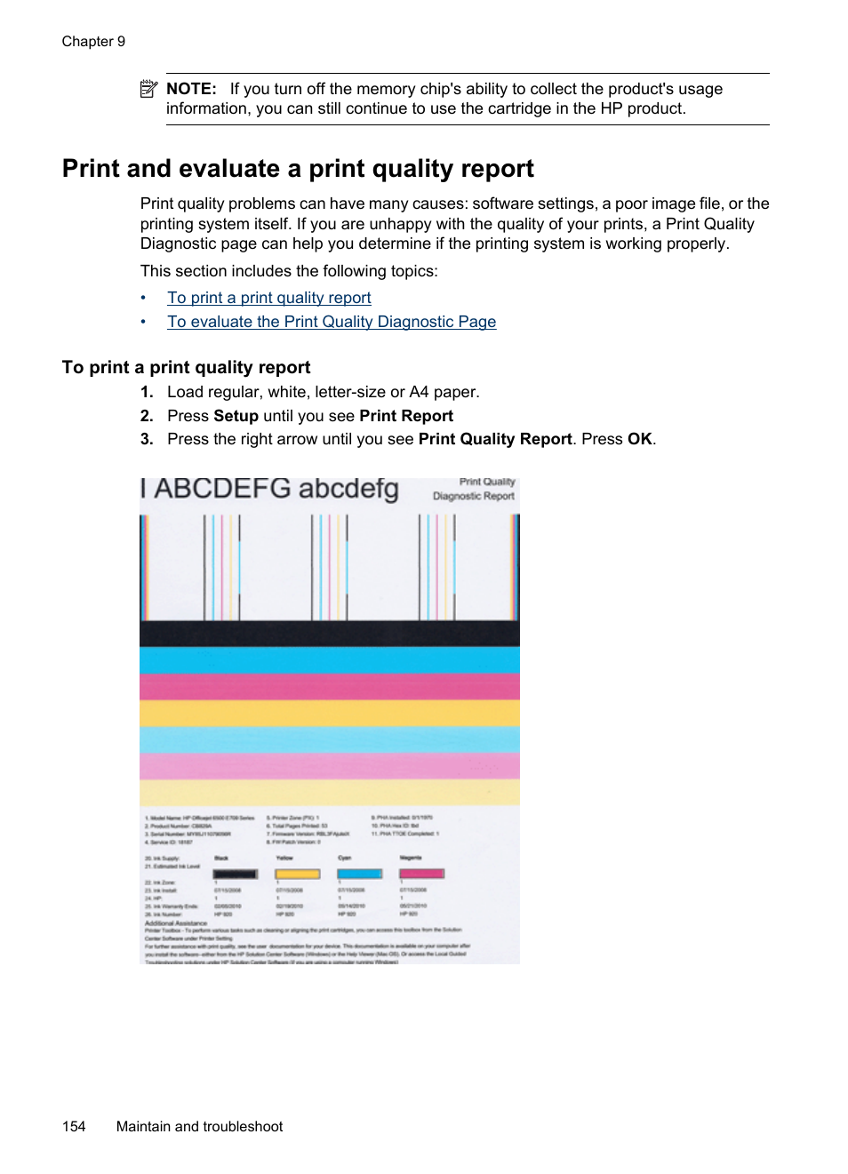 Print and evaluate a print quality report, To print a print quality report | HP Officejet 6500 User Manual | Page 158 / 294