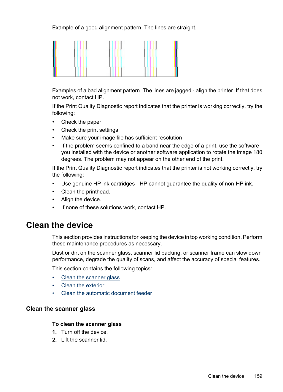 Clean the device, Clean the scanner glass | HP Officejet 6500 User Manual | Page 163 / 294