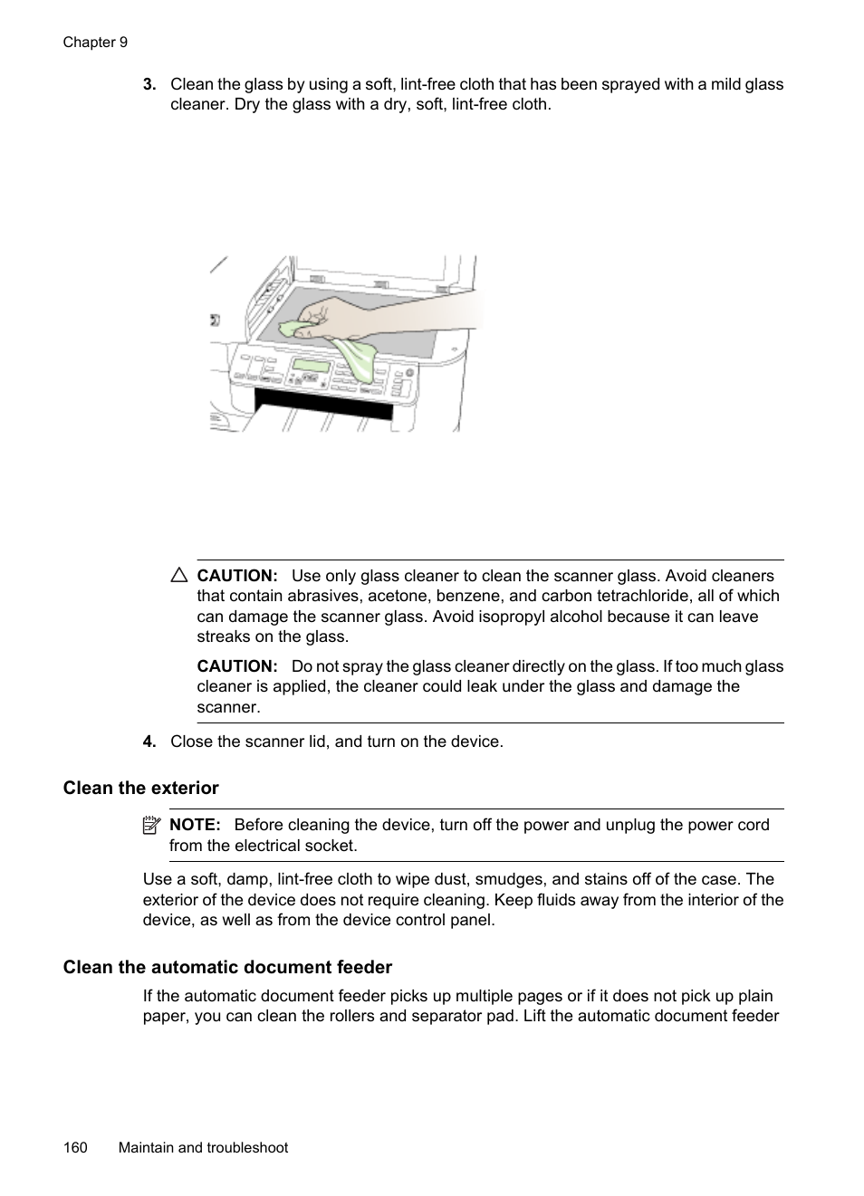 Clean the exterior, Clean the automatic document feeder | HP Officejet 6500 User Manual | Page 164 / 294