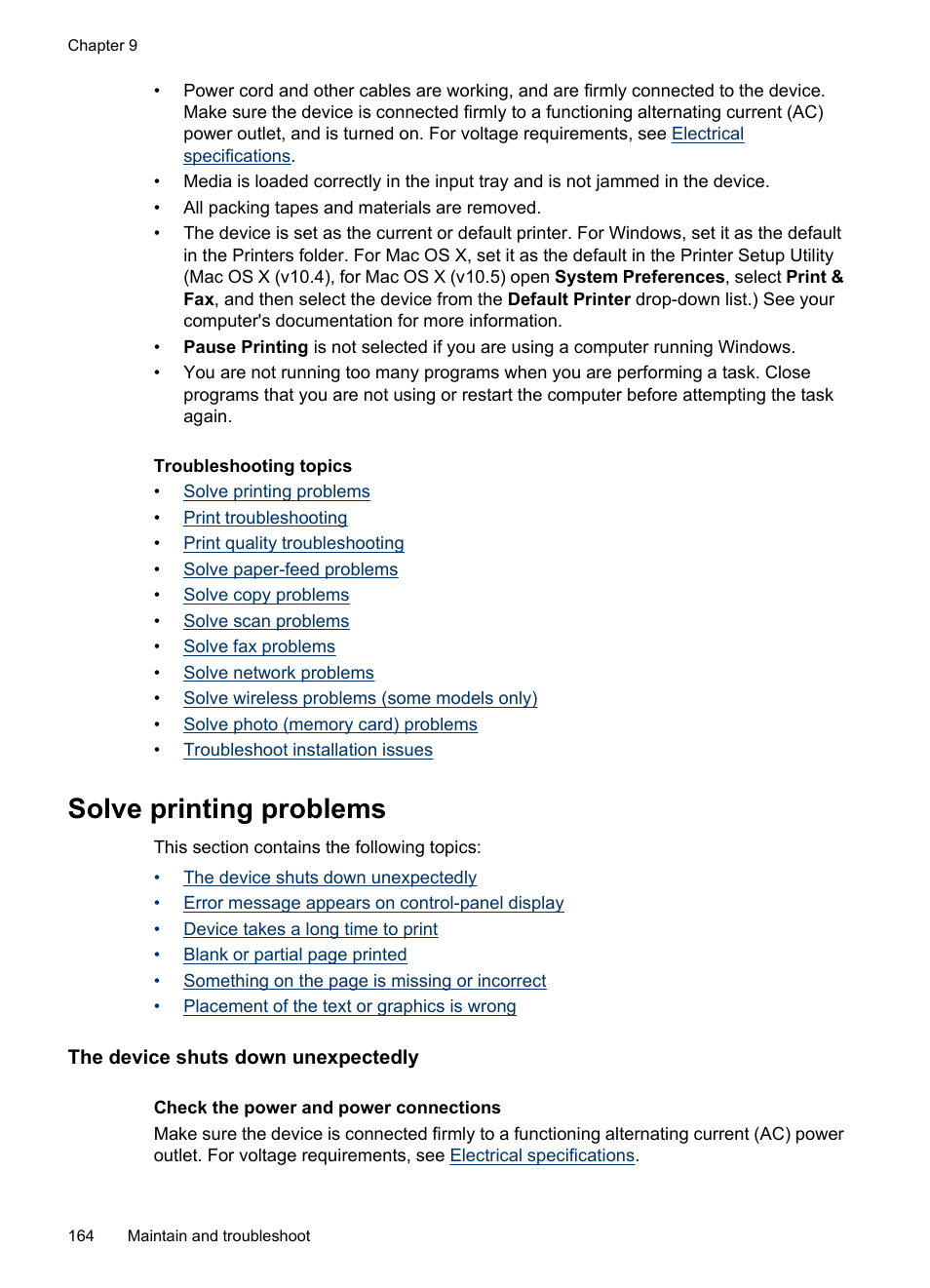 Solve printing problems, The device shuts down unexpectedly | HP Officejet 6500 User Manual | Page 168 / 294