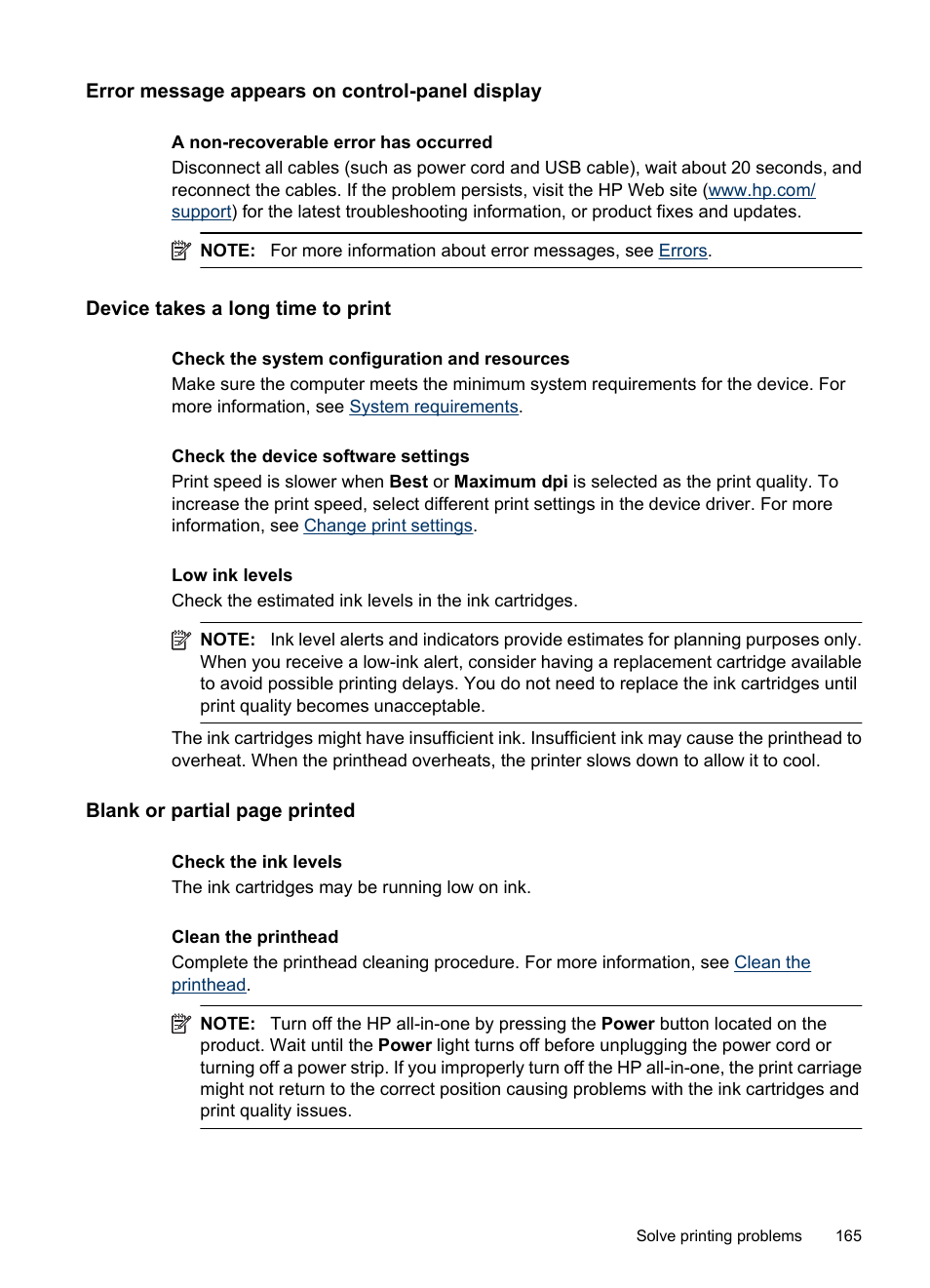 Error message appears on control-panel display, Device takes a long time to print | HP Officejet 6500 User Manual | Page 169 / 294