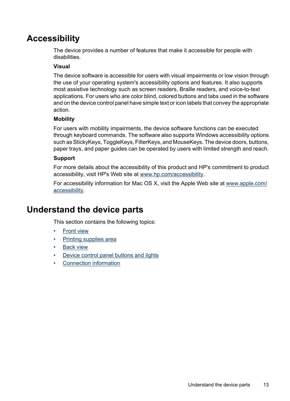 Accessibility, Understand the device parts, Accessibility understand the device parts | HP Officejet 6500 User Manual | Page 17 / 294