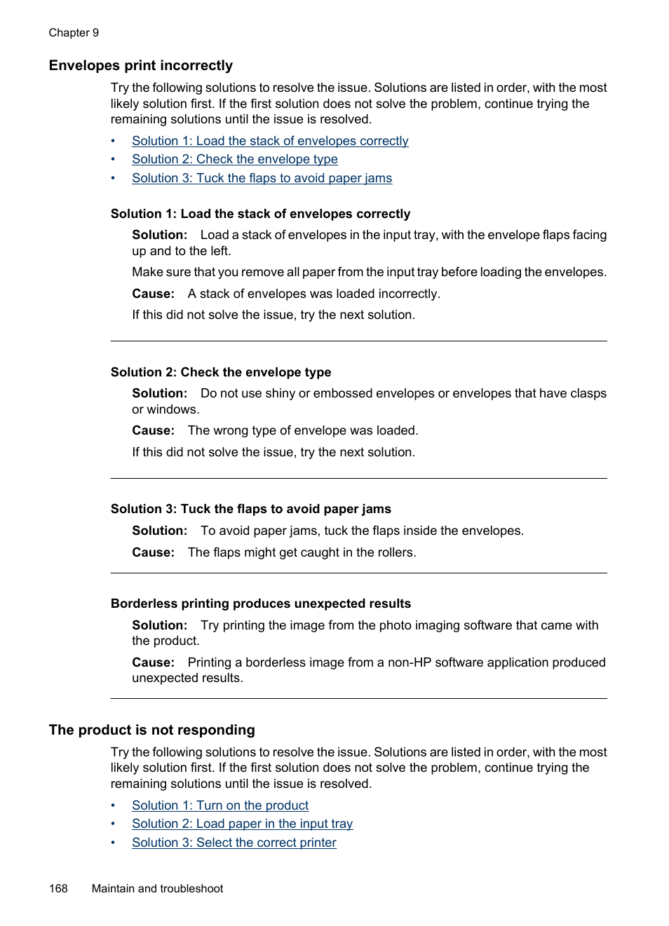 Envelopes print incorrectly, The product is not responding, Borderless printing produces unexpected results | HP Officejet 6500 User Manual | Page 172 / 294