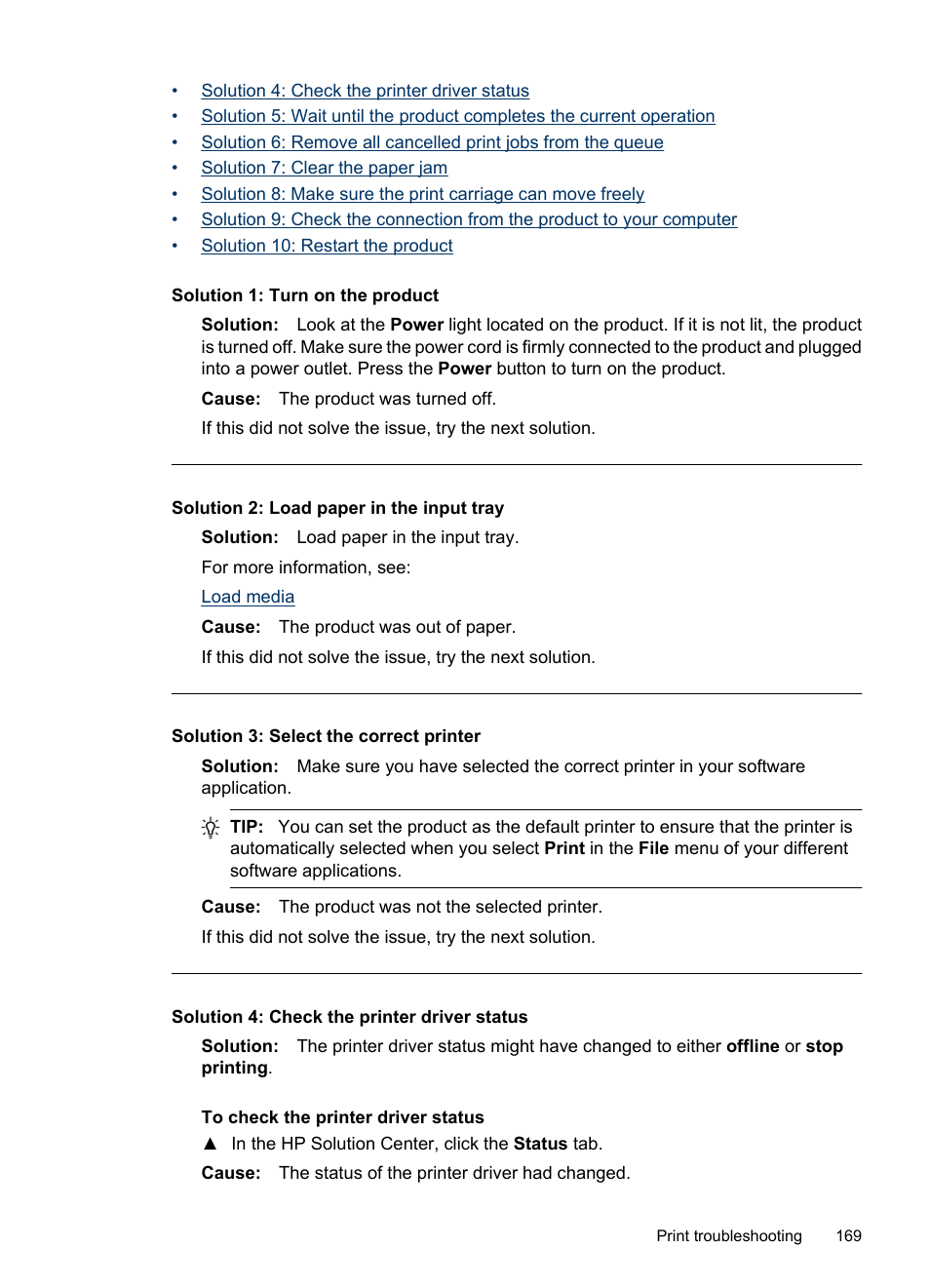 Solution 1: turn on the product, Solution 2: load paper in the input tray, Solution 3: select the correct printer | HP Officejet 6500 User Manual | Page 173 / 294