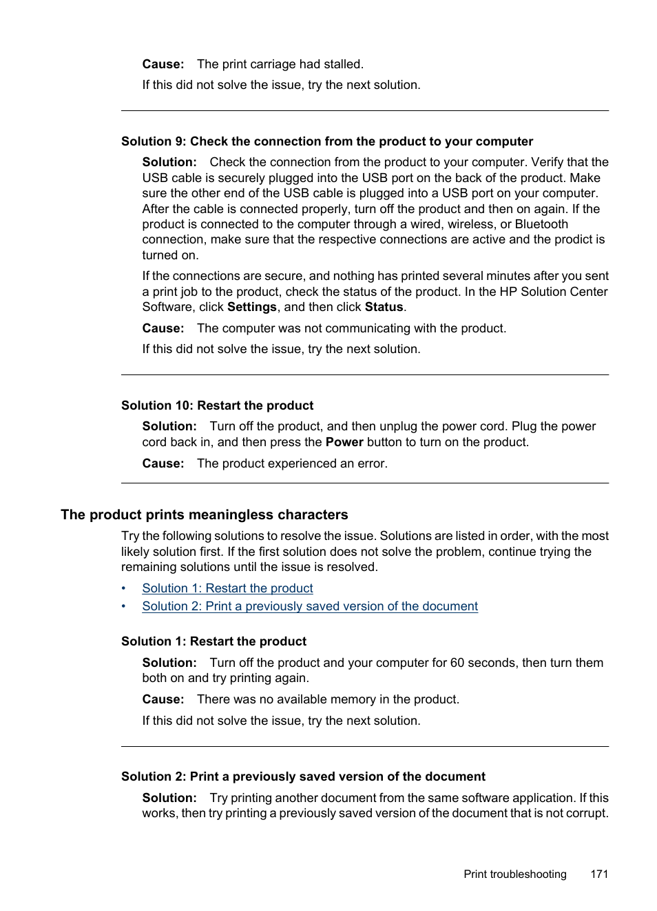 The product prints meaningless characters, Solution 10: restart the product | HP Officejet 6500 User Manual | Page 175 / 294