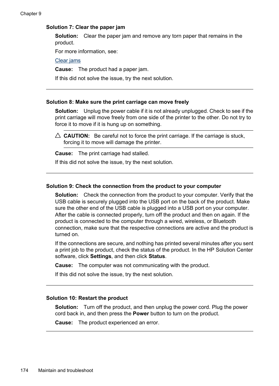 Solution 7: clear the paper jam, Solution 10: restart the product | HP Officejet 6500 User Manual | Page 178 / 294