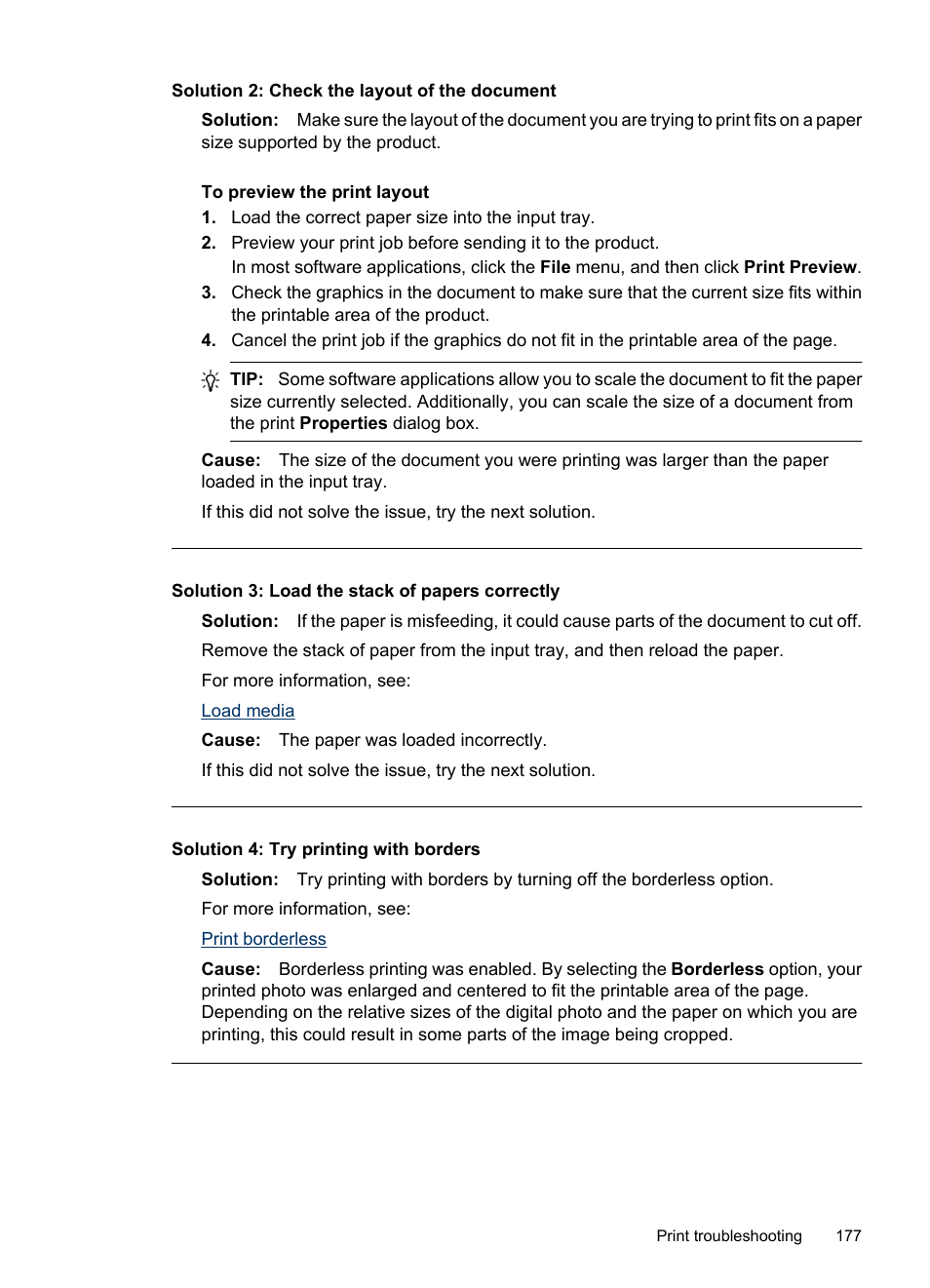 Solution 2: check the layout of the document, Solution 3: load the stack of papers correctly, Solution 4: try printing with borders | HP Officejet 6500 User Manual | Page 181 / 294