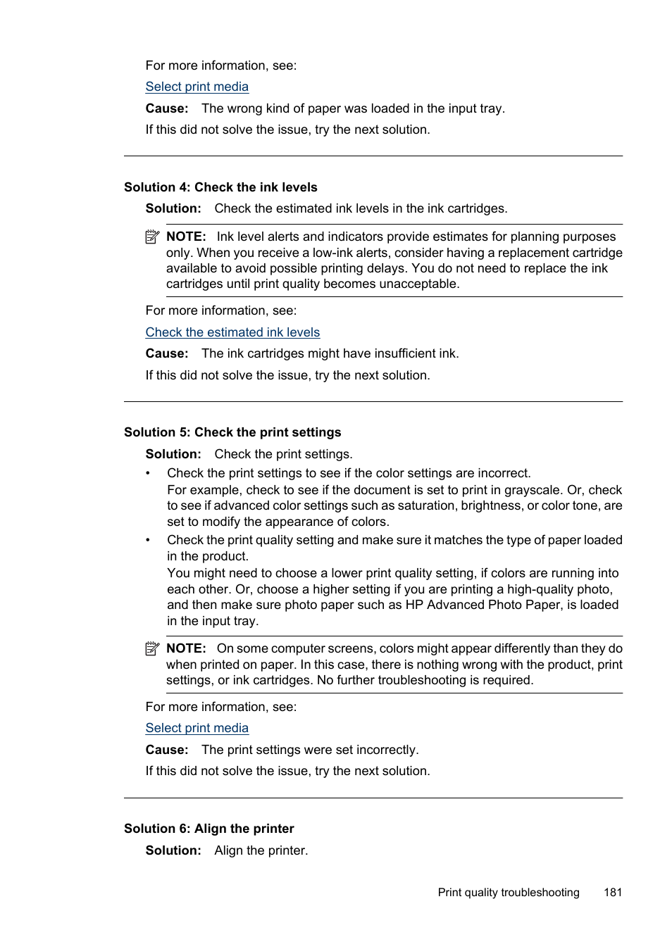 Solution 4: check the ink levels, Solution 5: check the print settings, Solution 6: align the printer | HP Officejet 6500 User Manual | Page 185 / 294