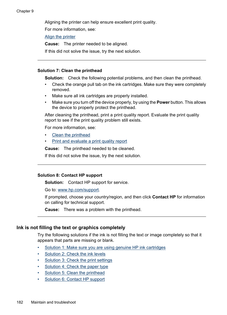 Ink is not filling the text or graphics completely, Solution 7: clean the printhead, Solution 8: contact hp support | HP Officejet 6500 User Manual | Page 186 / 294