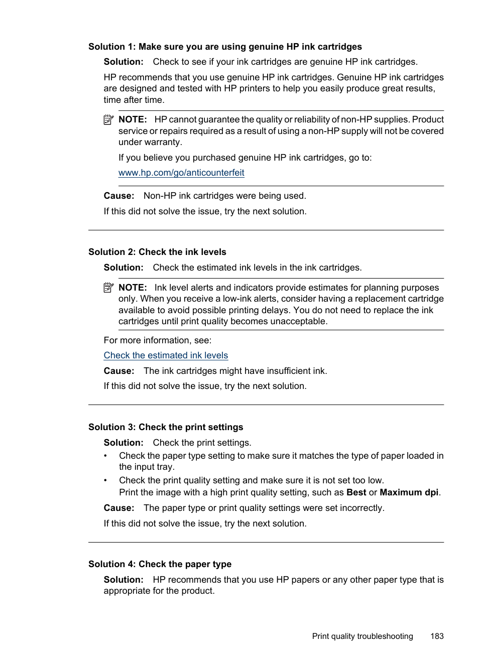 Solution 2: check the ink levels, Solution 3: check the print settings, Solution 4: check the paper type | HP Officejet 6500 User Manual | Page 187 / 294