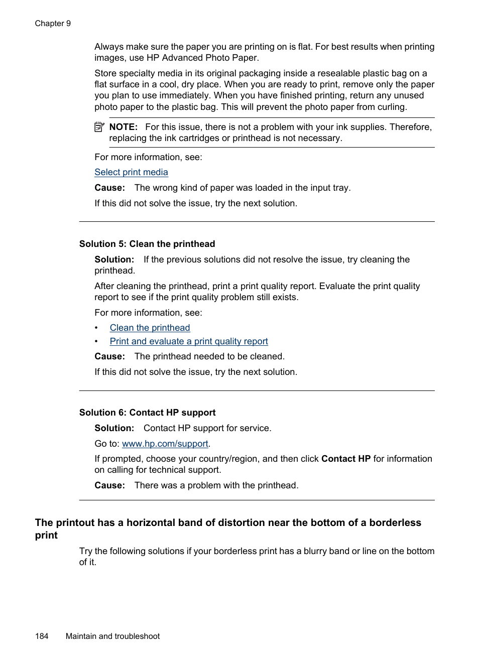 Solution 5: clean the printhead, Solution 6: contact hp support | HP Officejet 6500 User Manual | Page 188 / 294