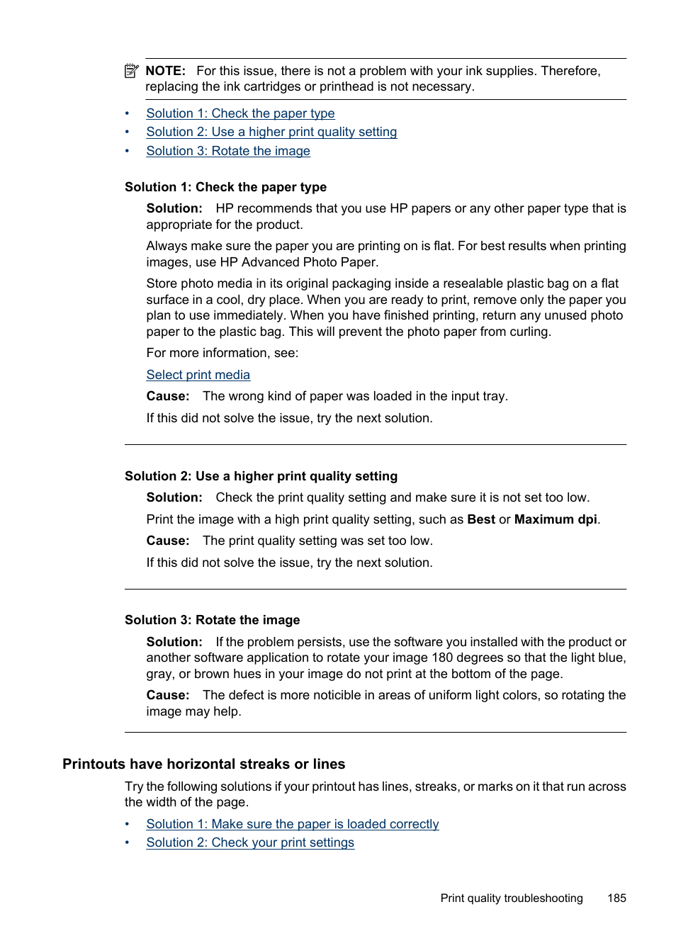 Printouts have horizontal streaks or lines | HP Officejet 6500 User Manual | Page 189 / 294