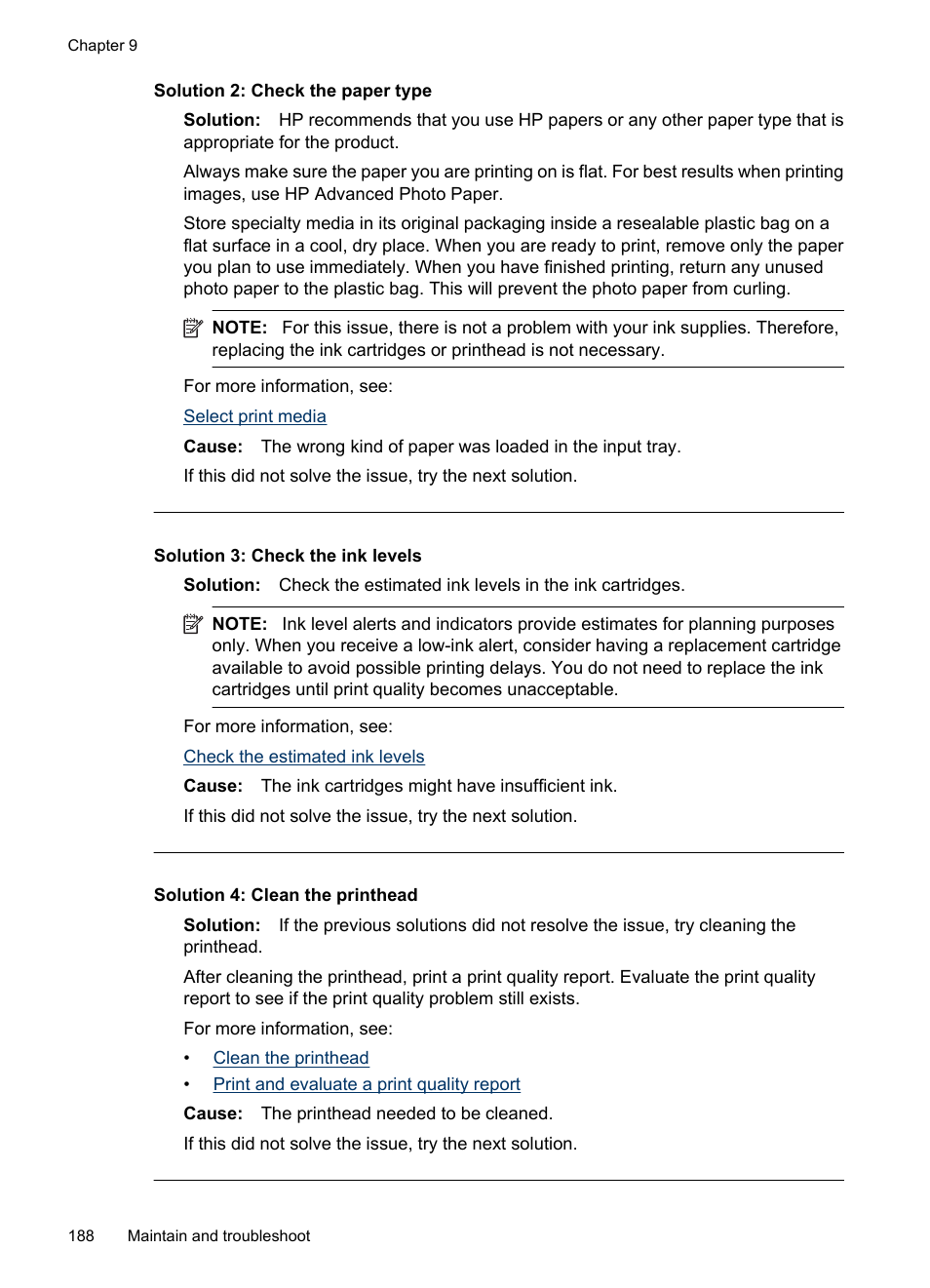 Solution 2: check the paper type, Solution 3: check the ink levels, Solution 4: clean the printhead | HP Officejet 6500 User Manual | Page 192 / 294