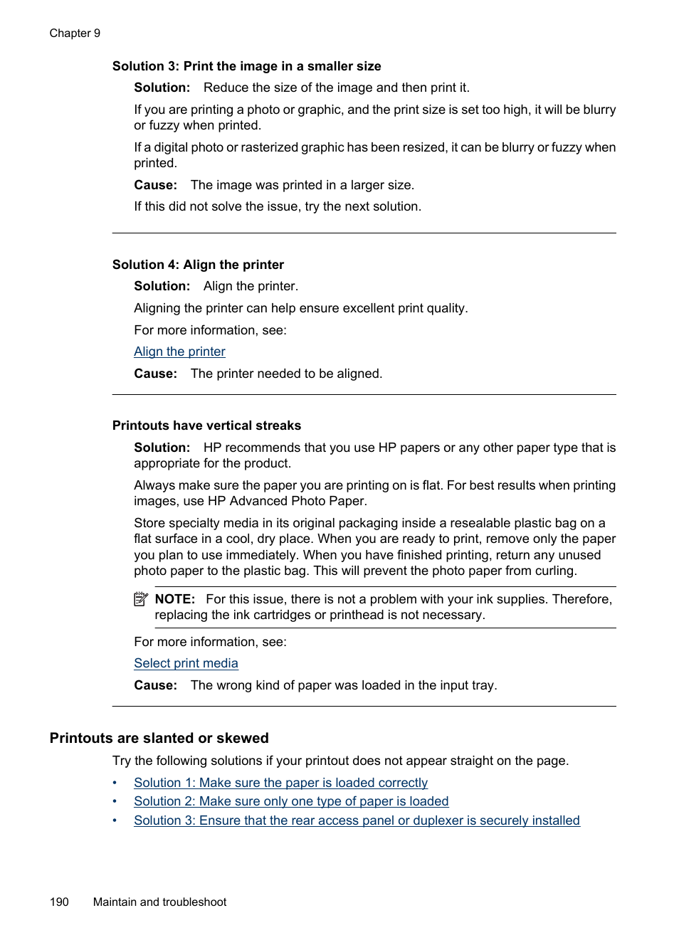 Printouts are slanted or skewed, Printouts have vertical streaks, Solution 3: print the image in a smaller size | Solution 4: align the printer | HP Officejet 6500 User Manual | Page 194 / 294