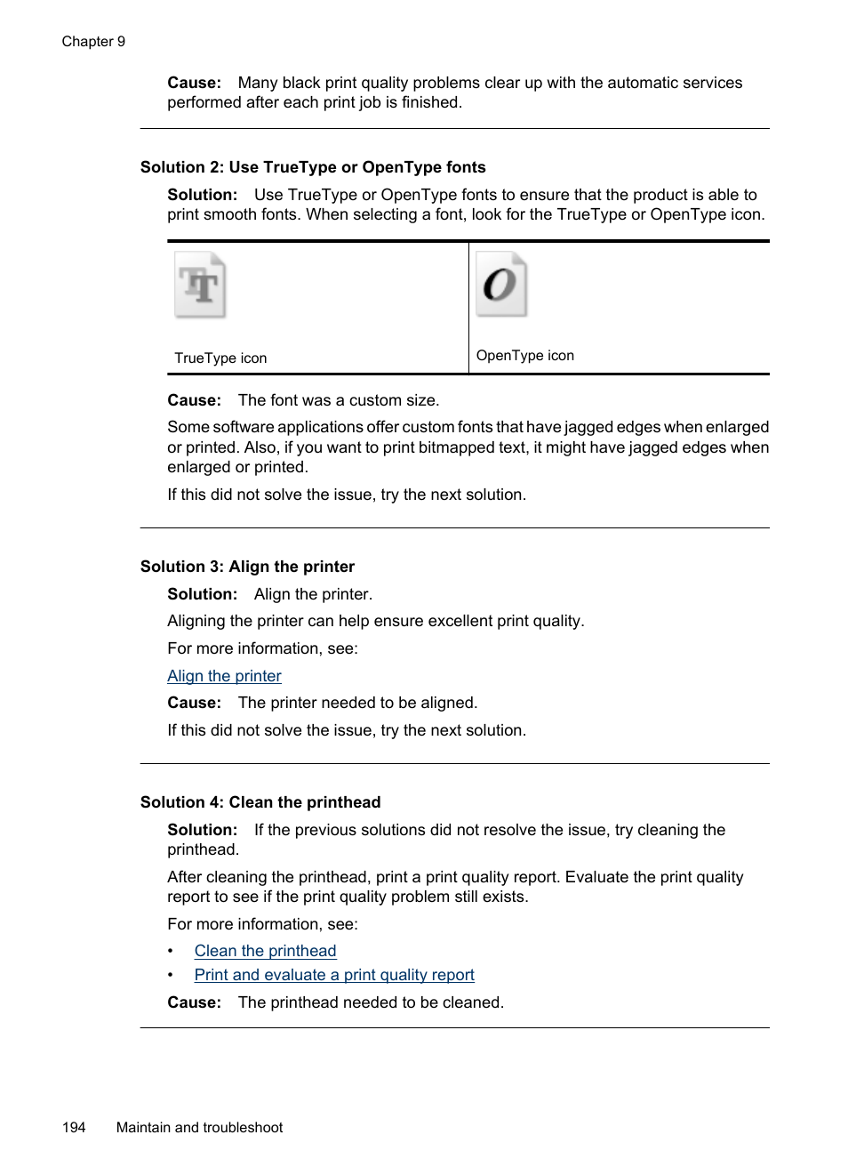 Solution 2: use truetype or opentype fonts, Solution 3: align the printer, Solution 4: clean the printhead | HP Officejet 6500 User Manual | Page 198 / 294