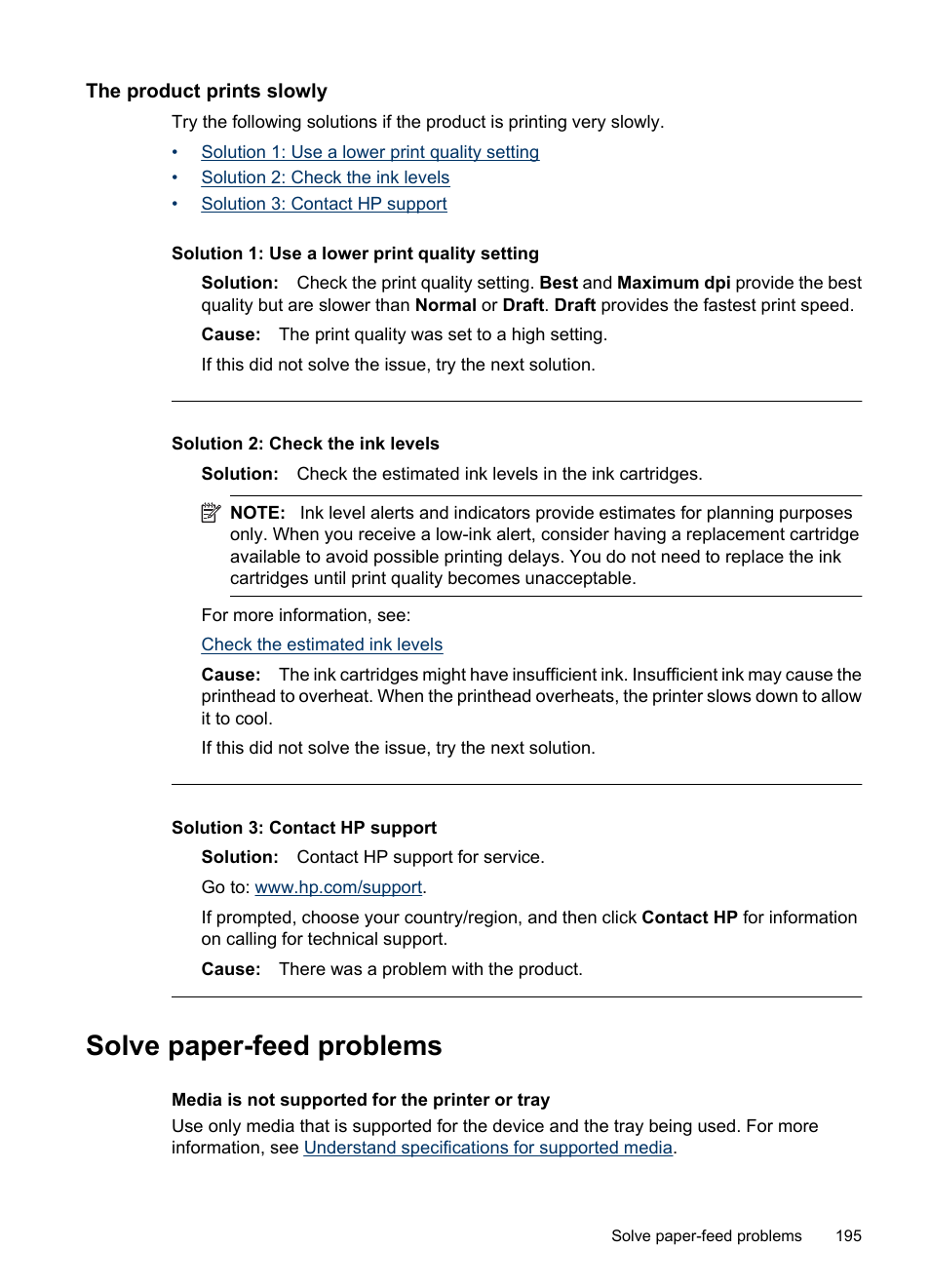 The product prints slowly, Solve paper-feed problems, Solve paper | Feed problems | HP Officejet 6500 User Manual | Page 199 / 294