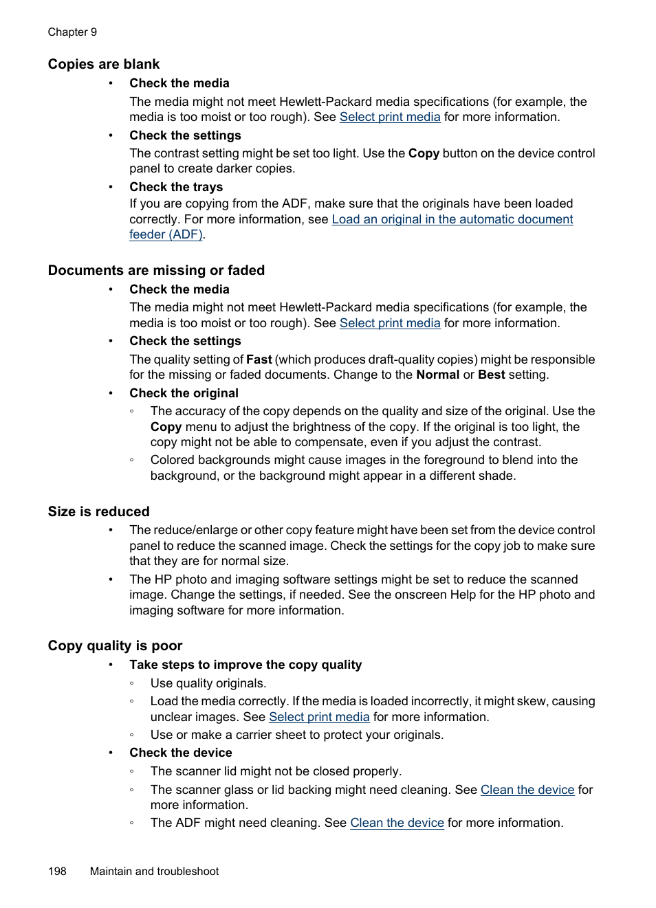 Copies are blank, Documents are missing or faded, Size is reduced | Copy quality is poor | HP Officejet 6500 User Manual | Page 202 / 294