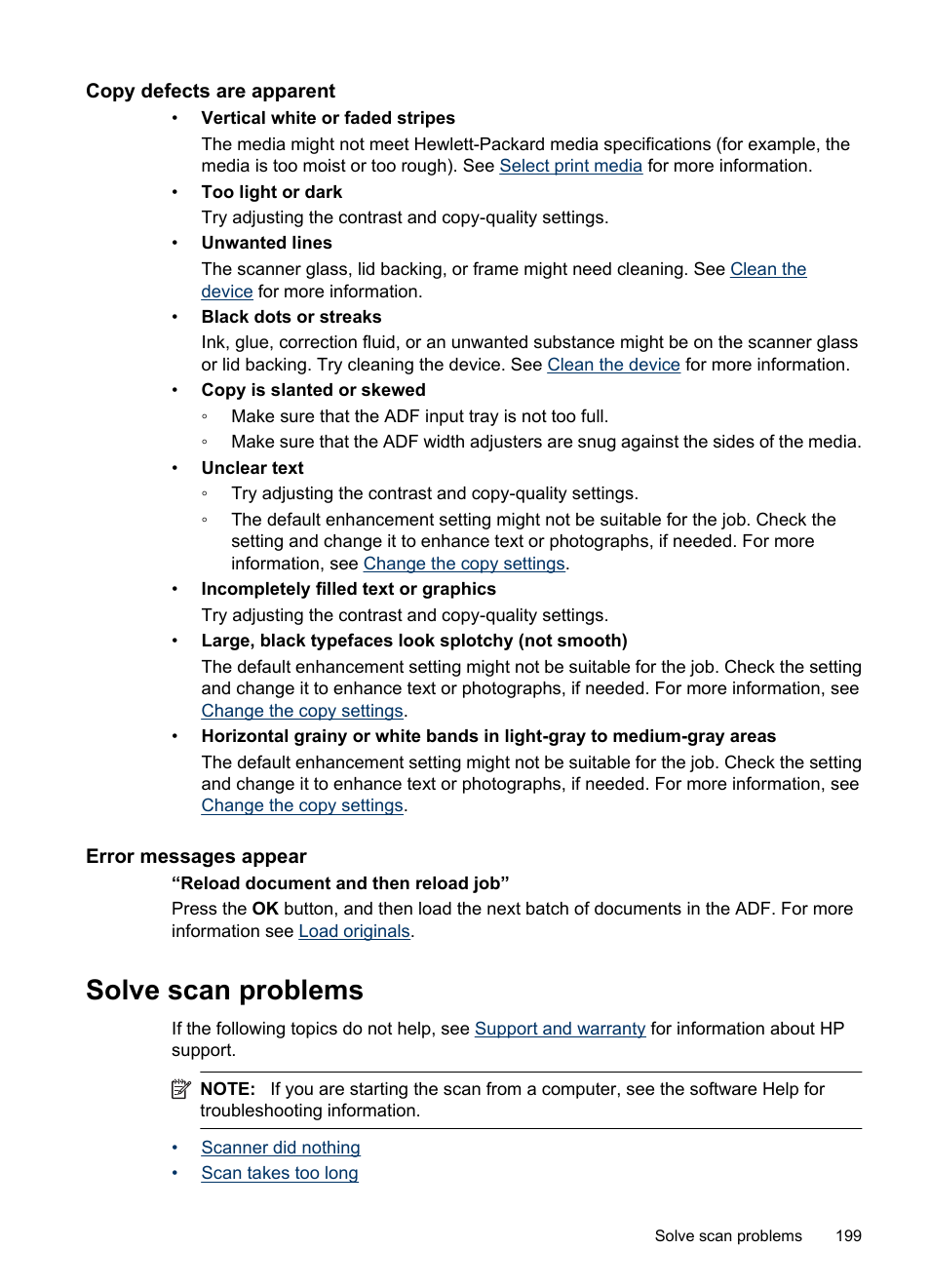 Copy defects are apparent, Error messages appear, Solve scan problems | HP Officejet 6500 User Manual | Page 203 / 294