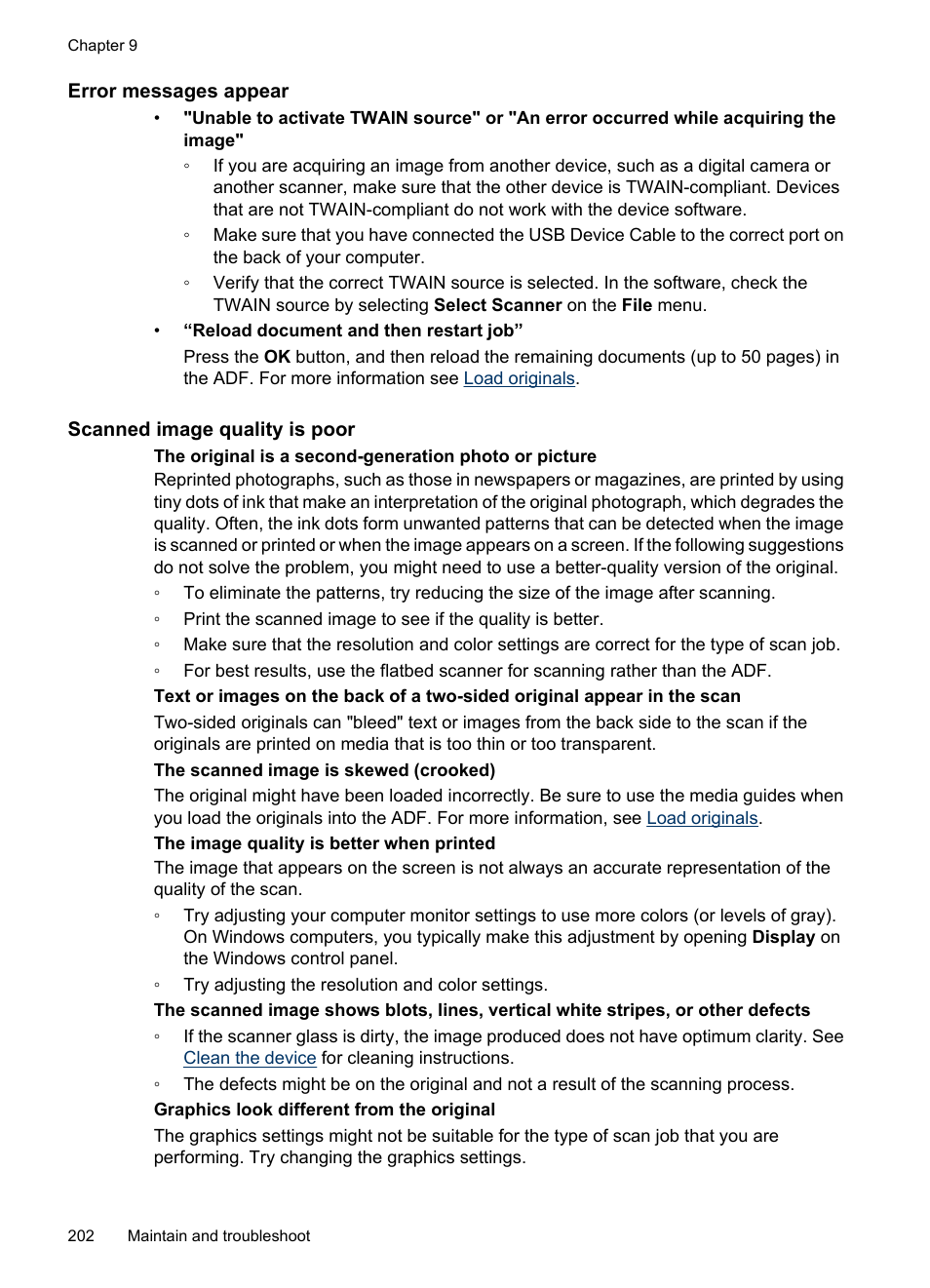 Error messages appear, Scanned image quality is poor | HP Officejet 6500 User Manual | Page 206 / 294