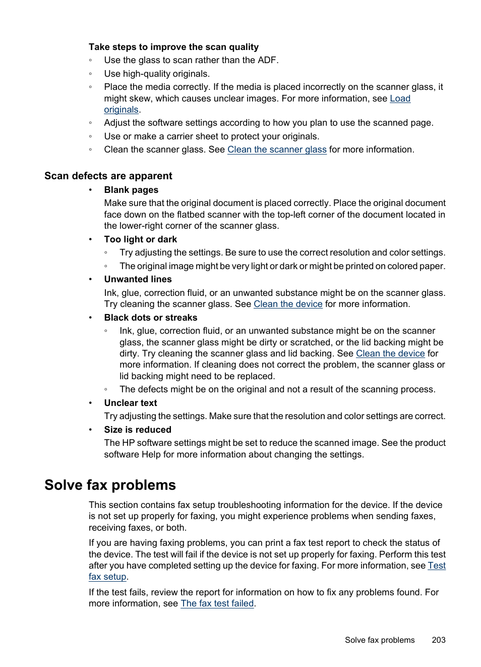 Scan defects are apparent, Solve fax problems, The fax test failed | HP Officejet 6500 User Manual | Page 207 / 294